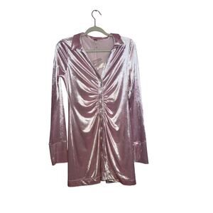 NWOT Free People Shayla Pink Velvet Button Front Long Sleeve Ruched Mini Dress S
